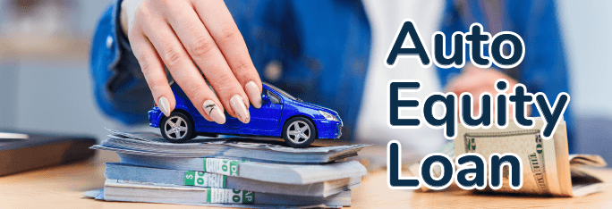 Auto Equity Loan. Model car on stacks of money.