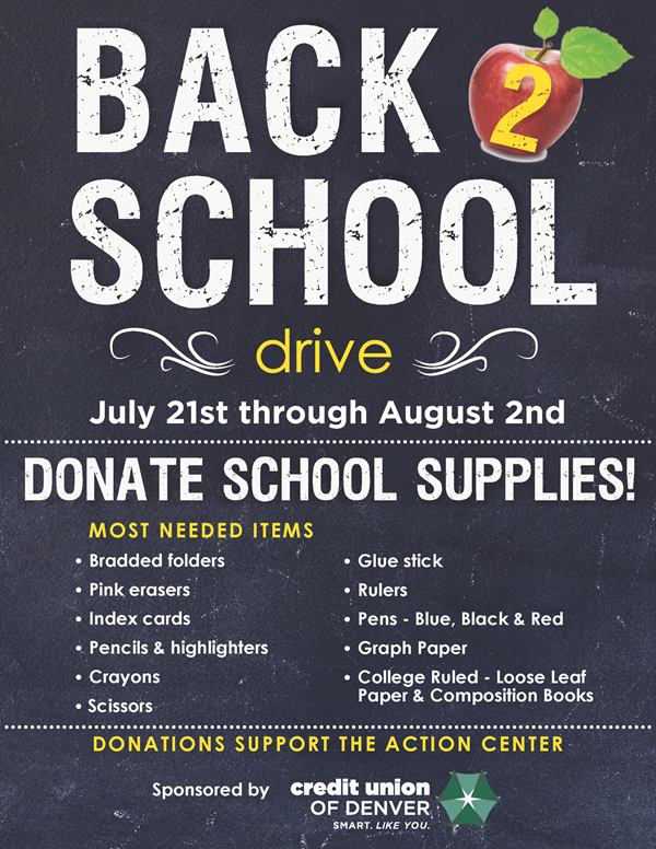 Back 2 School drive. Donate school supplies at our branches. Supporting the Action Center. July 23rd - Aug. 5th.
