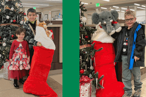 Holiday Coloring Contest Winners from 2021 with their giant stockings