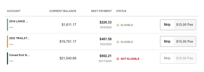 Eligible loans shown for Skip-A-Pay in Digital Banking