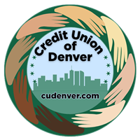 Multi racial hands circling Denver skyline