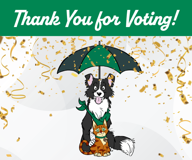 Thank you for voting. CASH and COIN cat and dog mascots with confetti.