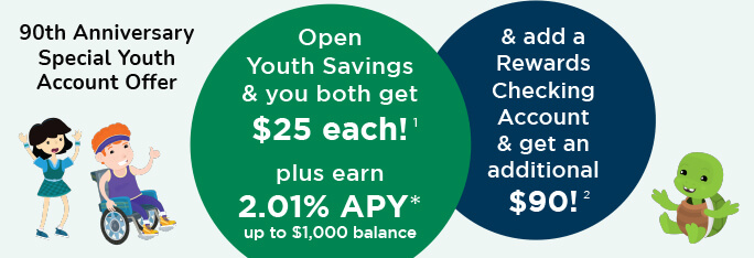 90th Anniversary Special Youth Account Offer. Open Youth Savings & you both get $25 each! Plus earn 2.01%25 APY up to $1,000 balance & add a Rewards Checking Account & get an additional $90!