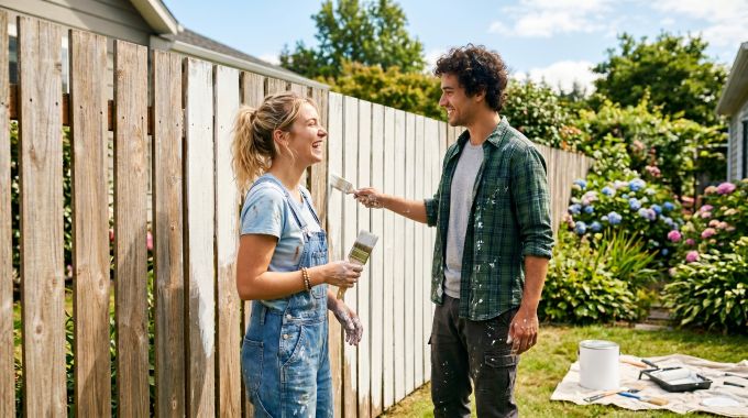 couple painting a fence together