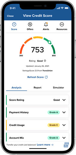 Credit Score and More app demo on mobile phone screen