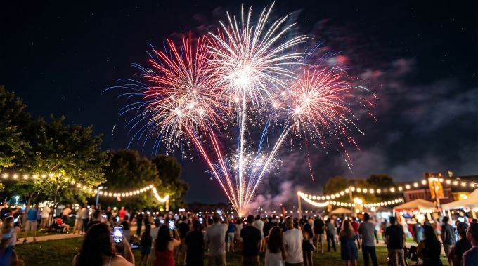 crowd watches fireworks in a park