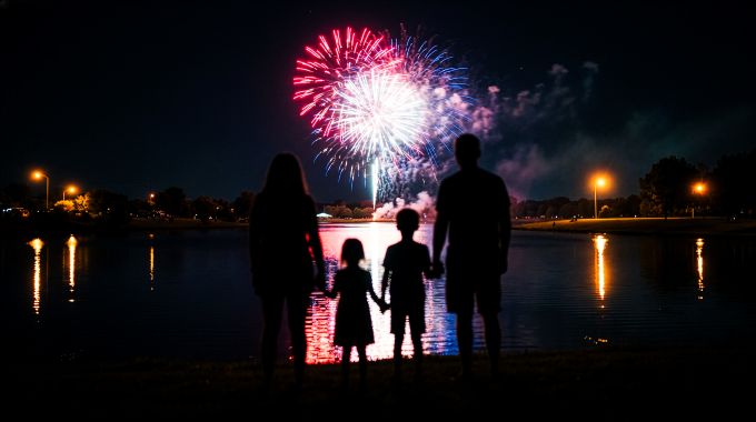 family watches fireworks by a lake