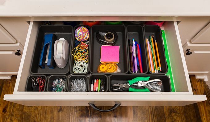 school supplies in drawer at home