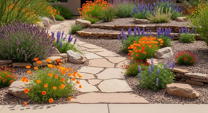 xeriscaping flowers in yard