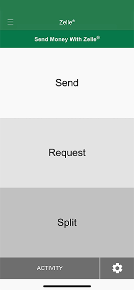 Shows the interface of Zelle: Send, Request, Split money.
