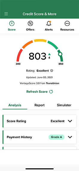 Credit Score & More within C·U·D's mobile app. Shows a credit score number of 803.