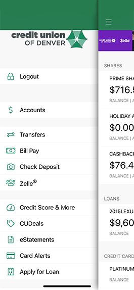 Shows the menu options of the C·U·D mobile app, like Accounts, Transfers, Bill Pay, Zelle, etc.