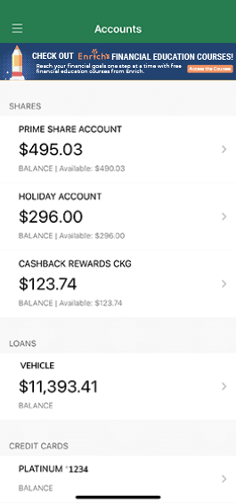 Shows different accounts on C·U·D mobile app. Savings Accounts, Checking Accounts, Credit Cards, etc. 
